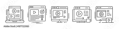 Isolated line art icons illustrating video content delivery and online