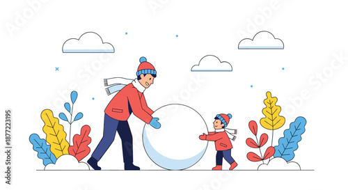 Father and young son rolling a giant snowball together in a winter park with colorful leaves and fluffy white clouds.