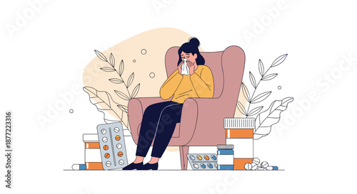 Ill woman sitting in an armchair feeling unwell and blowing nose with medicine bottles and pills scattered around her.