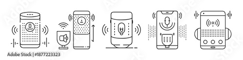 Various line art icons showcasing smart speakers, voice assistants
