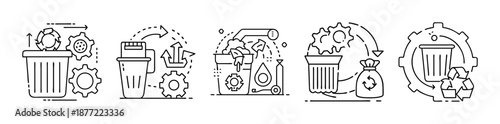 Line art icons illustrating waste management, recycling, and sustainable