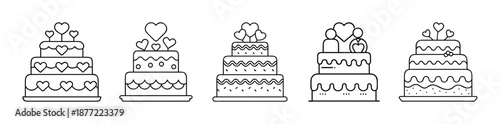 Five unique line art wedding cakes with heart decorations on white