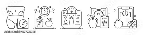Outline vector icons for health, weight loss, and digital fitness