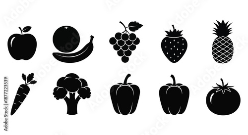 A collection of various fruits and vegetables depicted in a striking black silhouette