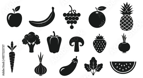 A collection of various fruits and vegetables presented in a striking black silhouette