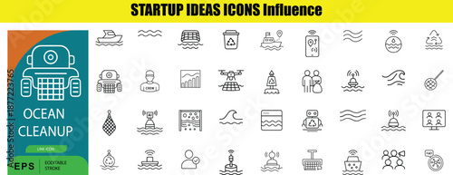 Set of ocean cleanup with various marine and technology symbols Outline boat