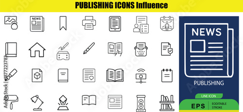 Set of 24 white outline on gray background related to publishing and news