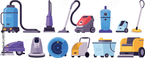 Professional cleaning equipment vector illustration set including vacuum cleaners scrubbers sweepers machines for industrial commercial janitorial hygiene services