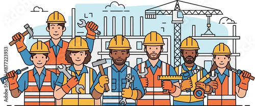 Diverse group of construction workers wearing hard hats and safety vests, holding various tools, standing in front of a building construction site with a crane, illustrating teamwork and industry.
