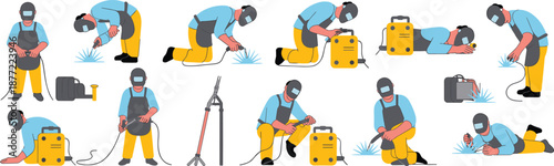 Professional welders performing industrial metal welding tasks in multiple working positions with safety equipment flat vector illustration for factory manufacturing