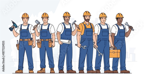 Six diverse male construction workers or handymen wearing hard hats and overalls, holding various tools, standing together.