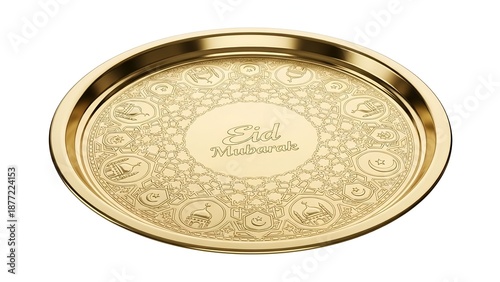 Golden round tray with intricate Eid celebration theme texture and festive design elements, viewed from directly above