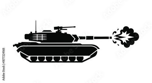 A black tank firing its cannon with a burst of smoke and fire silhouette