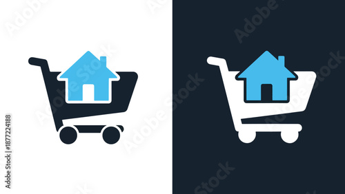 Shopping cart with house vector illustration flat design. Blue icon bundle. Line and glyph icon set. Outline and solid icon collection. Editable Stroke Flat Vector