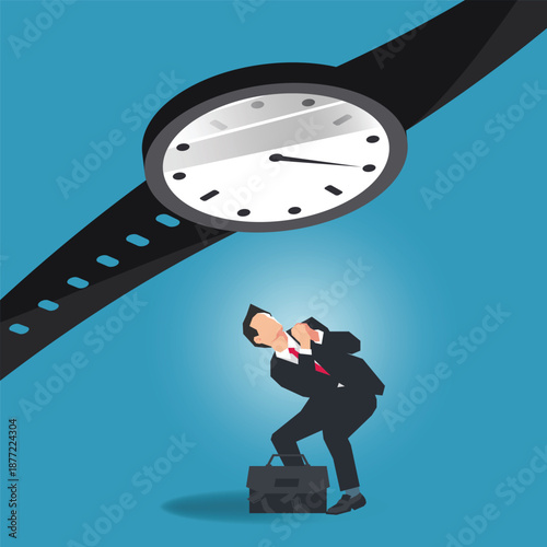 Vector design of businessman standing under a large wristwatch symbolizing time pressure, deadlines, urgency, and goal oriented decision making