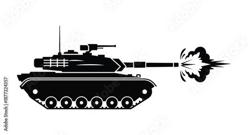 A black silhouette of a tank firing its cannon with a plume of smoke silhouette
