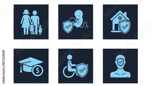 Family and Home Care Vector Icon Set Flat Design Illustration. Blue icon bundle. Line and glyph icon set. Outline and solid icon collection. Editable Stroke Flat Vector