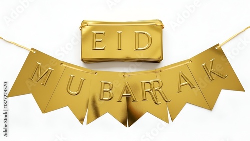 Golden Eid Mubarak bunting flags neatly folded and displayed on a string, isolated