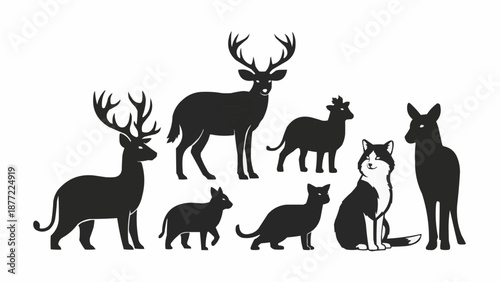 Collection of Silhouette Animals Including Deer and Cats.