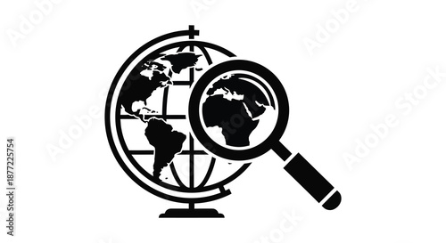 A detailed exploration concept featuring a globe and magnifying glass in black silhouette