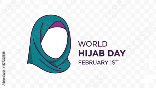 World Hijab Day illustration teal and purple hijab symbol with text for February 1st representing Muslim womens rights and culture