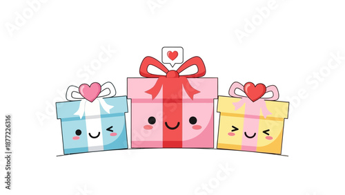 Colorful cartoon gift boxes with smiling faces and heart decorations on a clean white background, conveying a cute and kawaii Valentine's Day theme.