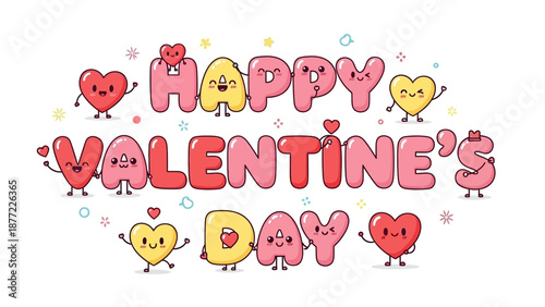 Kawaii cartoon characters and hearts with cute expressions celebrate Valentine's Day on a white background with colorful icons and decorative elements.