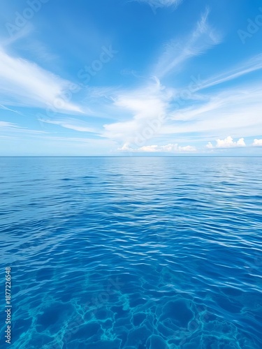 Vast, tranquil ocean surface reflecting an endless azure sky,  surface,  deep