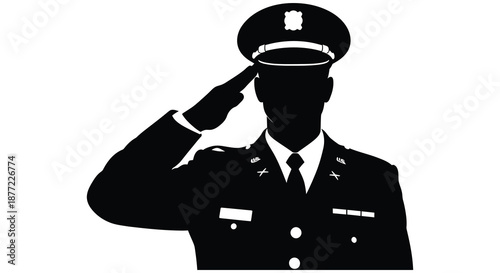 A respectful military officer saluting with a hand raised to his cap a striking silhouette