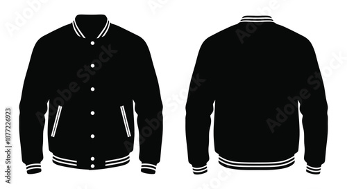 Classic black varsity jacket design displayed front and back a striking apparel silhouette