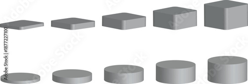 3D podium and platform shapes set isolated on white background. Minimal geometric blocks and cylinders in different heights for presentation and display. Abstract stage elements for product showcase, 