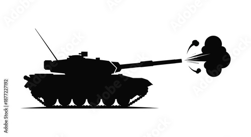 A detailed black silhouette of a powerful tank firing its cannon with smoke plumes silhouette