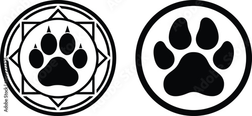 Paw print circle badges set. Black dog and cat footprint icons in round frames. Wildlife seal and geometric emblem vector set.