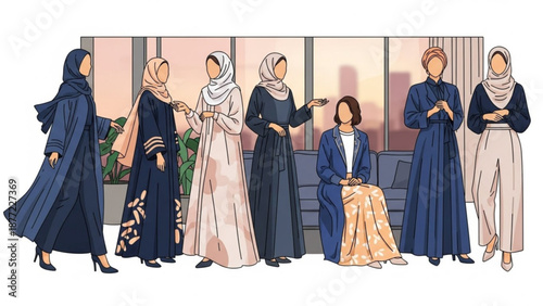 Diverse group of Muslim women in elegant modest fashion showcasing hijabs and abayas for modern style and cultural representation