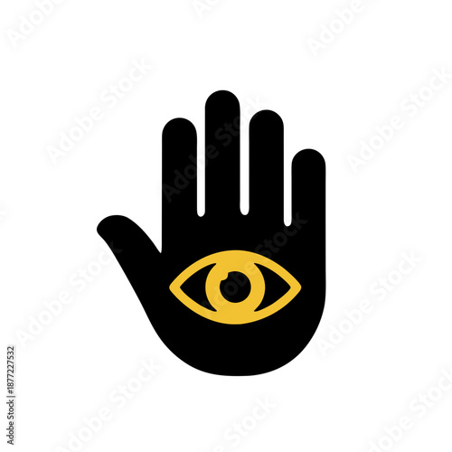 Eye within a hand symbol on a black background, a representation of insight and intuition