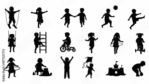 Collection of Silhouettes of Children Playing and Having Fun Outdoors.