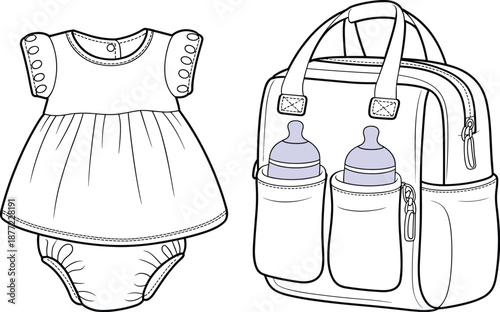 Baby girl dress and diaper with modern diaper bag backpack line art illustration for parenting childcare essentials newborn motherhood fashion