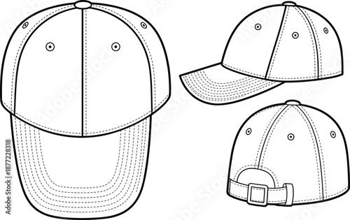 Baseball cap front side and back views illustration, accurate cad drawing flat vector design for apparel fashion manufacturing use