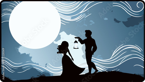 Romantic couple under moonlight with lantern in hand