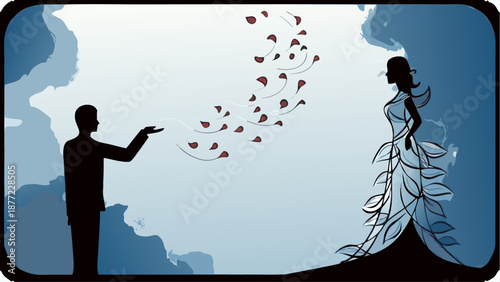 Romantic couple silhouette with heart petals in blue background