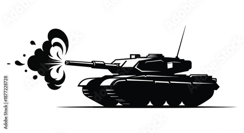 A dynamic illustration of a firing tank with smoke billowing presented as a striking silhouette