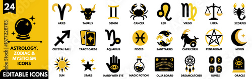 Set of 24 Astrology and Zodiac Mysticism Icons. Vector Illustrations for Horoscope, Tariff Cards, Crystals, and Spiritual Magic.