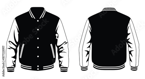 Detailed illustration of a classic black and white varsity jacket presented in a striking silhouette
