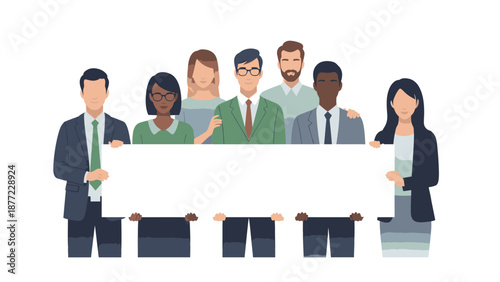 Illustration of diverse people standing together holding a blank white board in a teamwork frame with happy characters celebrating.