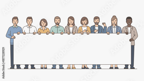 Illustration of a diverse group of people standing together behind a large blank white board or frame with a happy and celebratory mood.