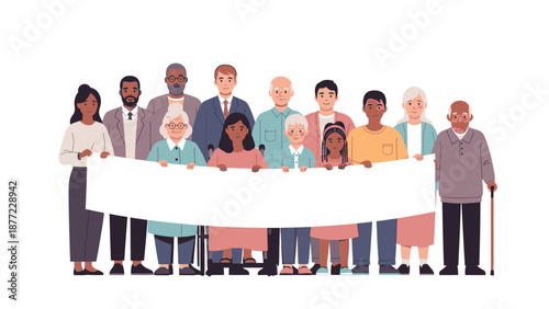 Diverse group of people standing together holding a blank white banner in a colorful illustration with a happy and celebratory mood.