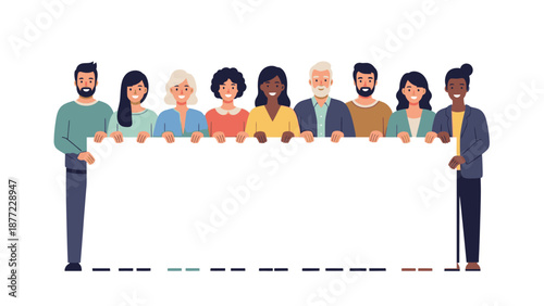 Illustration of diverse people standing together, holding a large blank frame or board, celebrating teamwork and unity in a colorful and happy scene.