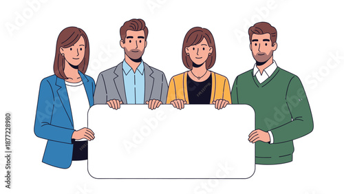 Illustration of a diverse group of people holding a blank white board together in a teamwork setting with a happy and celebratory mood.