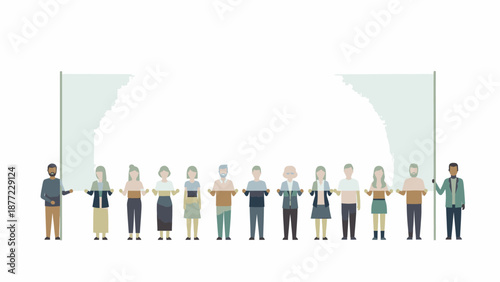 Illustration of diverse people standing together in a line, holding hands, and celebrating with a frame, conveying a happy and united mood against a clean white background.