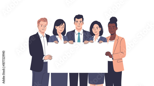 Diverse group of people in business attire holding a large blank white board together in a celebratory frame.